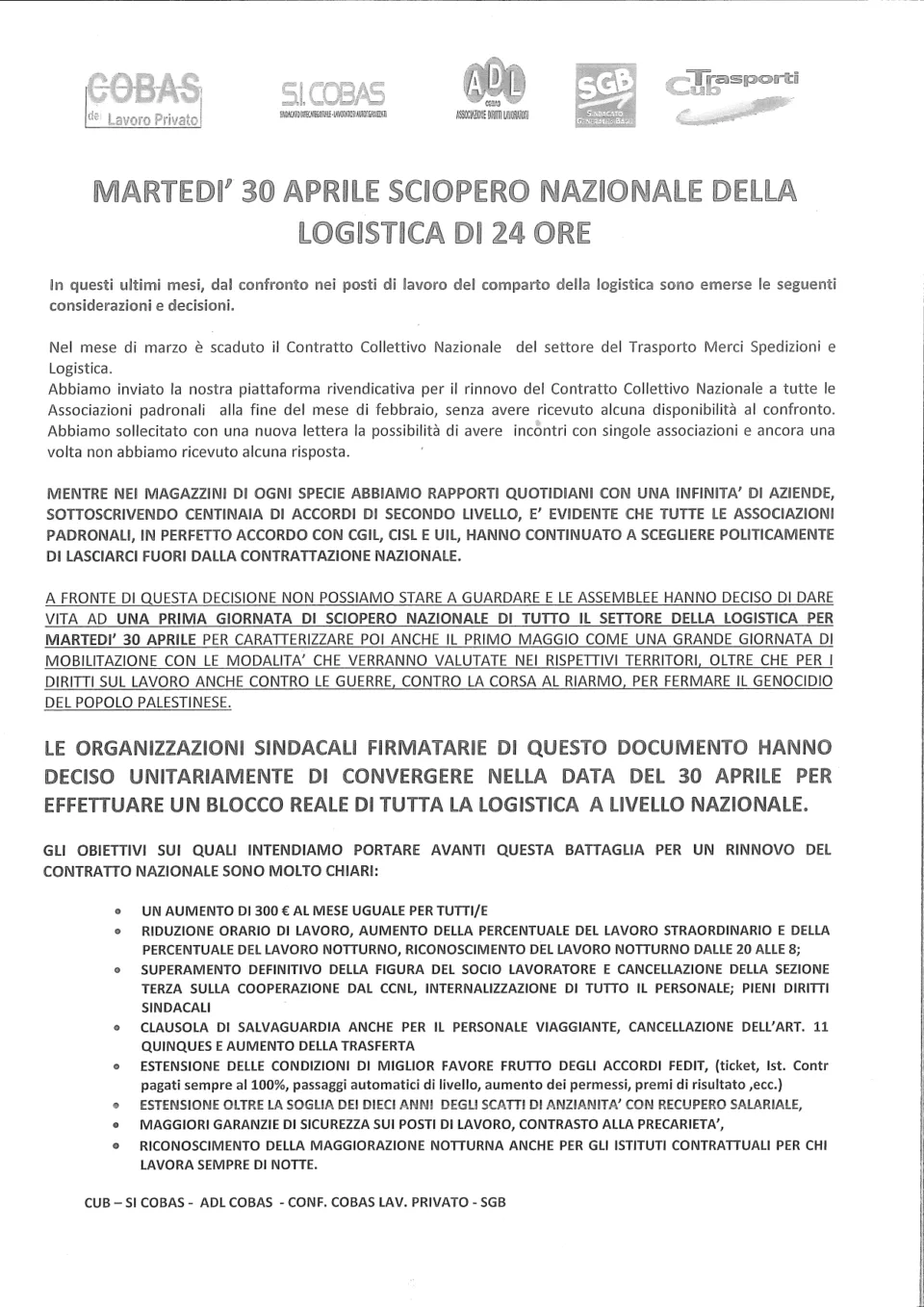 Sindacato di Base ADL Cobas - Sciopero nazionale della logistica: si allarga il fronte delle organizzazioni sindacali aderenti
