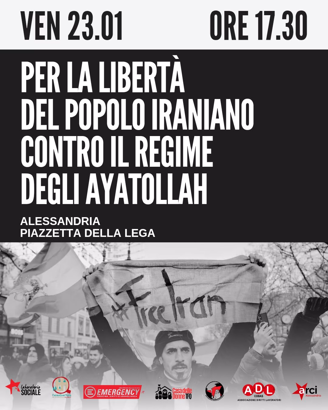 Sindacato di Base ADL Cobas - Venerdì 23 gennaio presidio ad Alessandria in solidarietà con il popolo iraniano