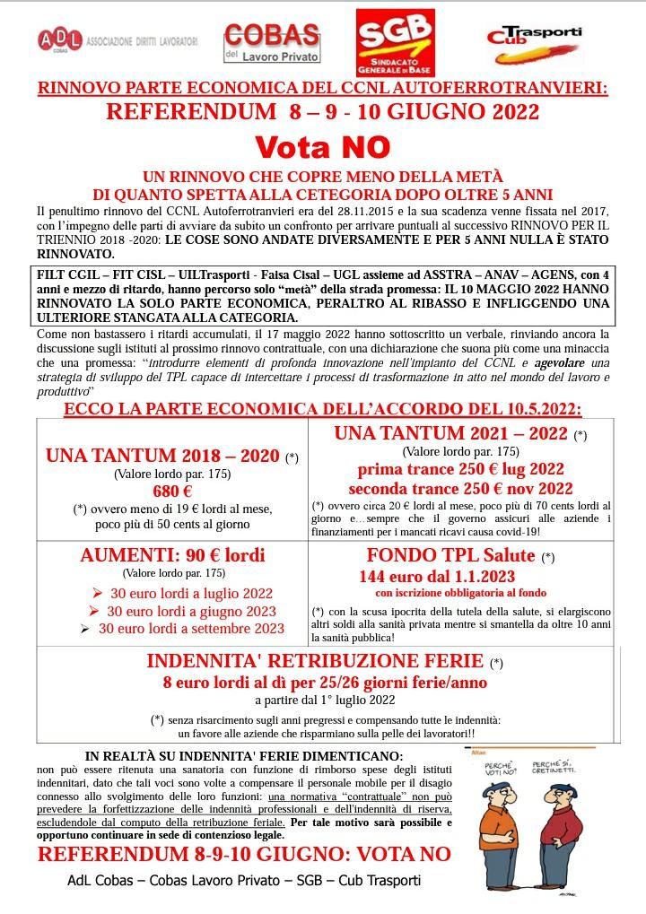 Sindacato di Base ADL Cobas - Rinnovo parte economica del ccnl autoferrotranvieri: referendum 8 – 9 - 10 giugno 2022, vota NO!